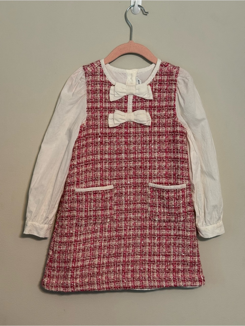 Janie & Jack Pink Tweed Bow-Appliqué Dress with White Sleeves Size 4T